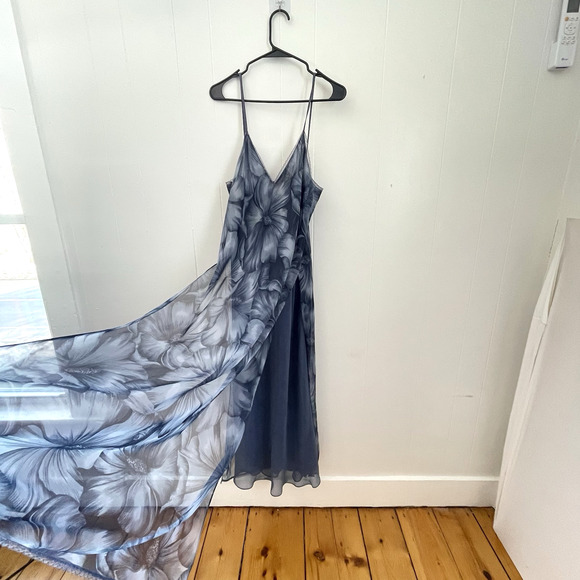 Vtg Babydoll Maxi Dress L Blue Floral Sheer Slit Sheath Fairy Y2K Romantic - Picture 5 of 9